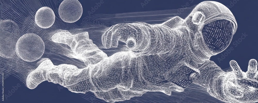 Aufkleber wireframe depiction of an astronaut floating in space with spheres