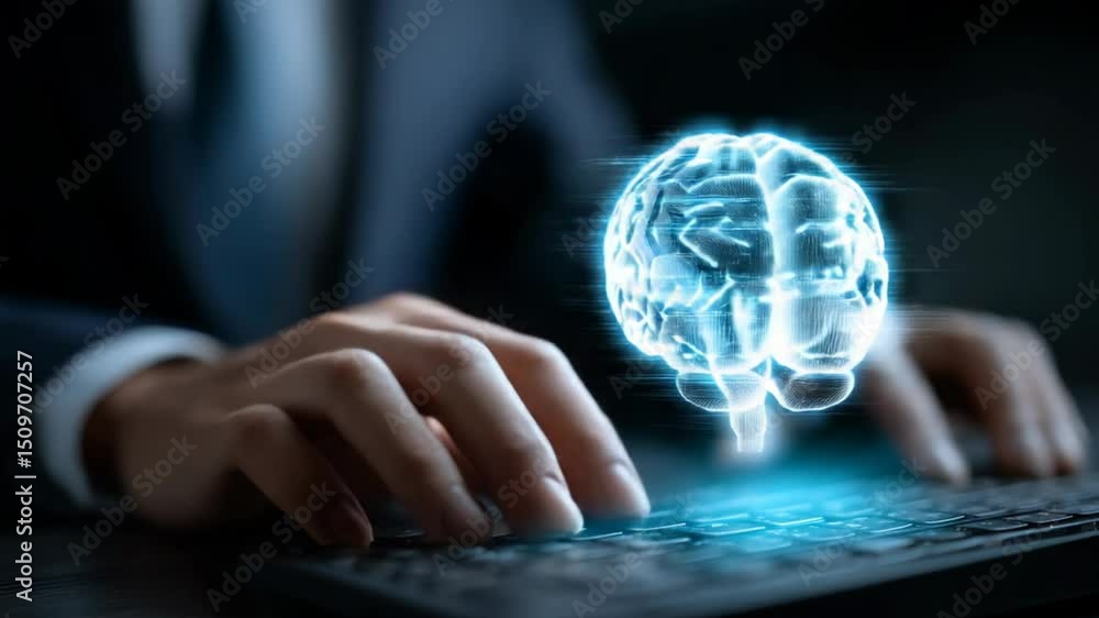 Poster a person in a suit types on a keyboard with a glowing, holographic brain floating above it, symboliz