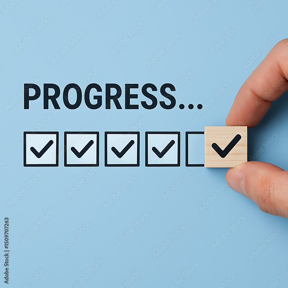 Poster hand placing checkmark block next to the progress checklist on a blue background