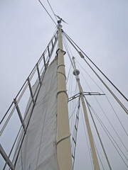 Looking up to the top of yacht mast with sail and shrouds