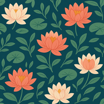 Seamless lotus flower pattern with coral red and ivory petals, yellow centers, green lily pads and leaves, oriental floral botanical surface design on deep teal background, vector repeat print