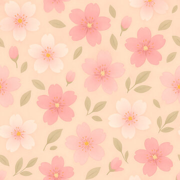 Seamless floral pattern with pastel peach background, stylized cherry blossoms in pink and white, olive green leaves, minimal elegant Japanese botanical surface design, vector illustration