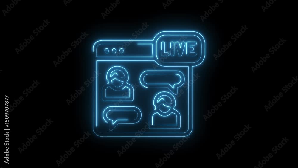 Poster neon style live stream webinar chat display with users and speech bubbles animation