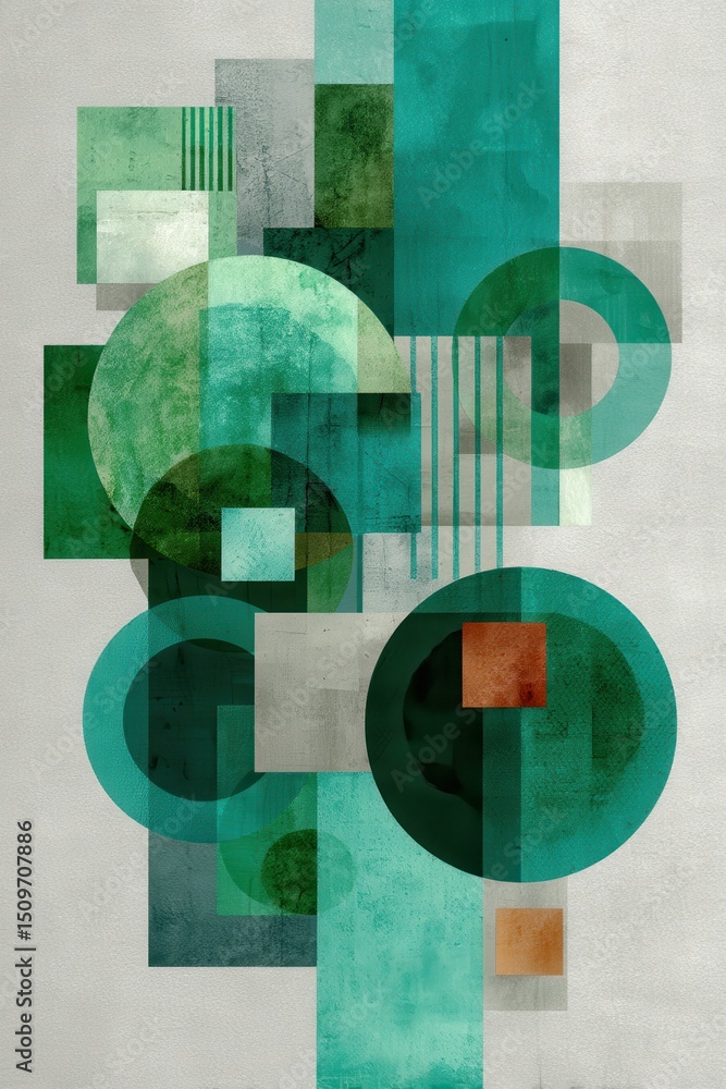 Poster abstract geometric composition with teal and green circular and rectangular elements
