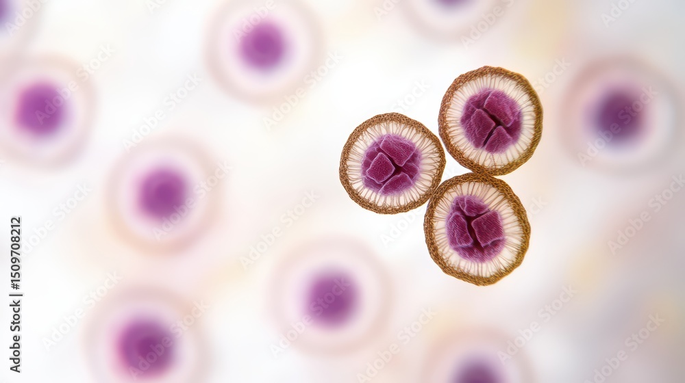 Poster close-up view of three purple cells with detailed structures, surrounded by blurred similar shapes o