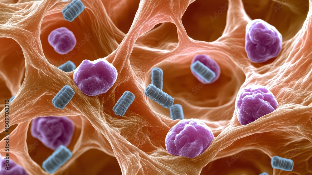 Poster microscopic view of cells showing mitochondria and other cellular structures within a network of tis