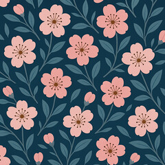Seamless Japanese floral pattern with stylized cherry blossom flowers, light pink petals, teal green leaves, navy blue background, clean vector textile design, soft minimal color palette, repeat patte