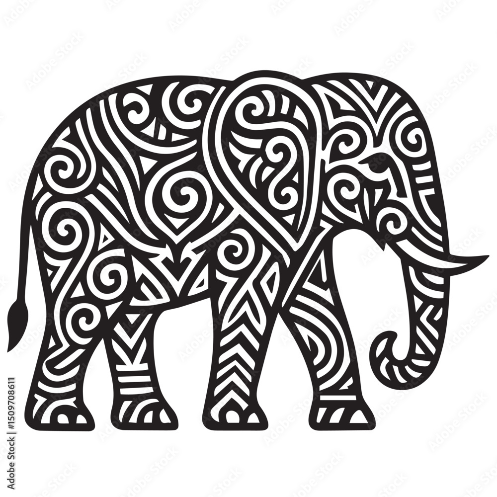 Poster intricate black white line drawing of an elephant with detailed swirling triangular zigzag patterns 