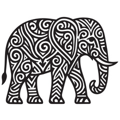 Intricate black  white line drawing of an elephant with detailed swirling triangular  zigzag patterns on its body