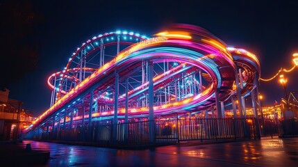 Obraz premium Captivating neon lights streak across a thrilling roller coaster at night promising exhilarating moments of joy and