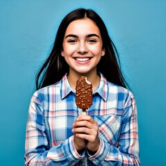 Portrait of Teenage Girl Enjoying Chocolate Ice Cream on Blue Background

