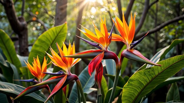 Bright orange and yellow bird of paradise flowers in lush greenery  