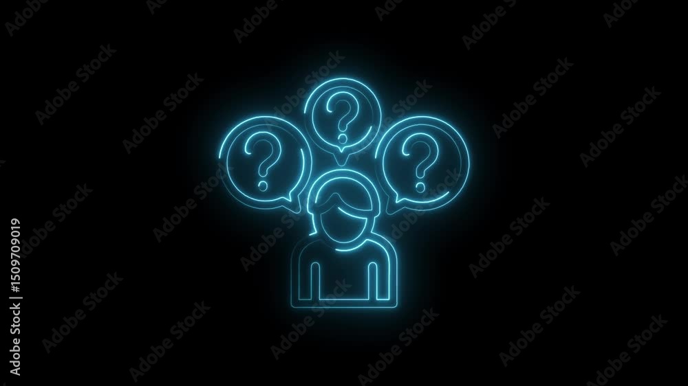 Poster neon icon of person with question marks on black background representing uncertainty and confusion