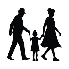 Grandfather grandmother and granddaughter walking together joyfully vector silhouette 
