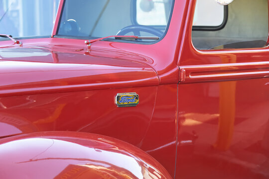 1940 Ford F100 pickup truck, red vintage classic car automobile, show display at Goomeri Australia, May 25 2025