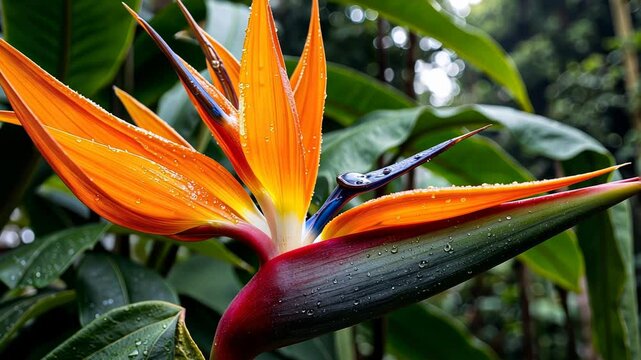 Tropical bird of paradise flower with orange petals in green foliage  