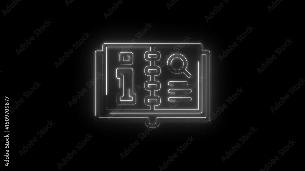 Poster glowing neon open book animation with information pages and search magnifier icon