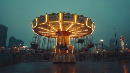 A captivating swing ride brightly illuminated against the misty twilight of the fair a nostalgic memory with golden