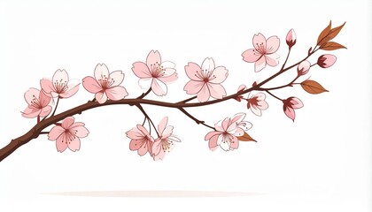 Pink Cherry Blossom Branch On White Background