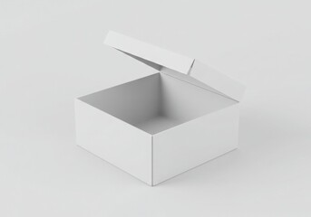 Open white box with lid slightly raised on a plain background