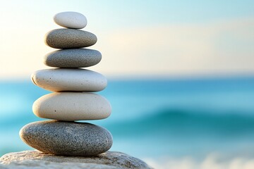 Stacked zen stones on a serene beach during sunset