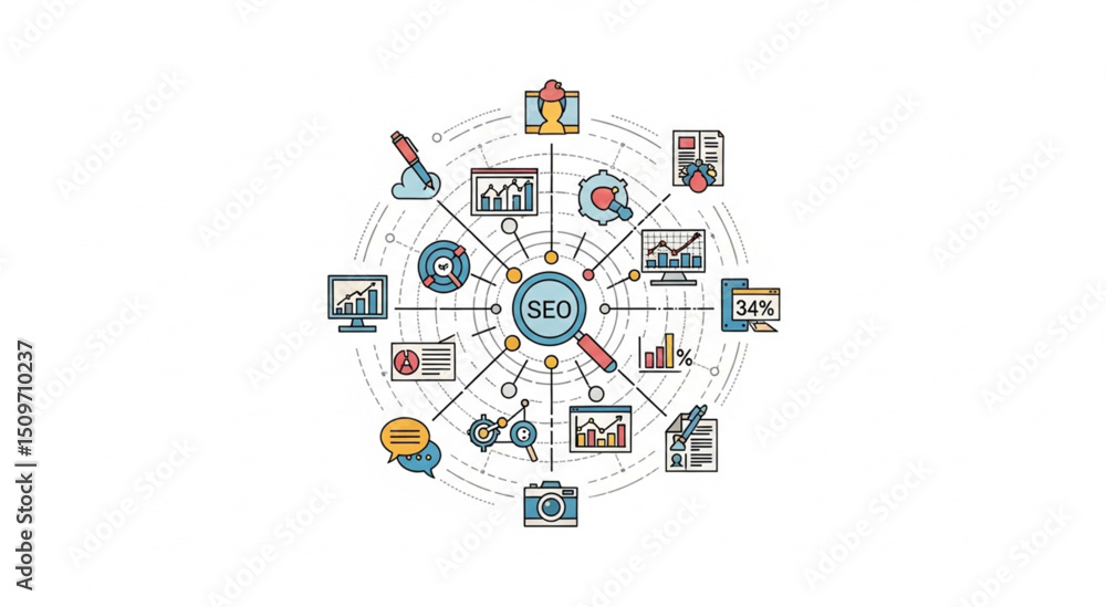Poster seo network diagram for digital marketing and analytics | online business strategy and data visualiz