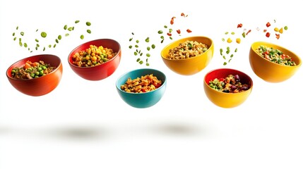 Colorful bowls of assorted rice dishes in mid-air, topped with vegetables and legumes