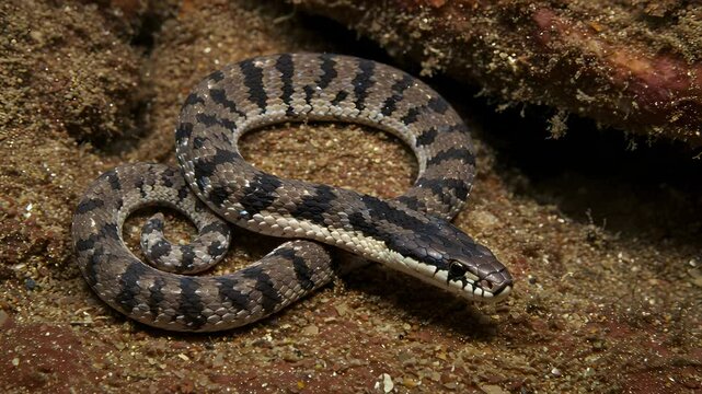 Detailed Close Up Of A Terrestrial Snake With Brown And Grey Mottled Pattern Coiled On The Ground