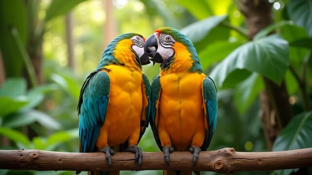 Colorful macaws perched close together in a lush tropical setting  