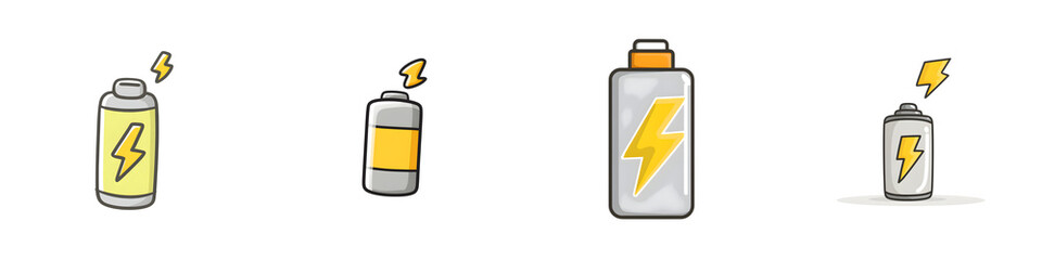 Obraz premium Battery icons featuring diverse design styles and bright yellow accents, illustrating energy themes for tech designs, instructional graphics, and product labeling