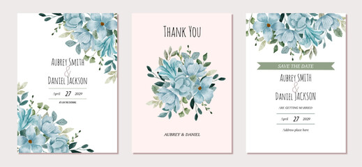 wedding invitation card with light blue floral watercolor