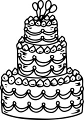 Three-tier birthday cake with decorations line drawing