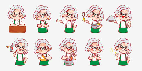 Cute cartoon chef elderly woman for logo cartoon. Street food Logo design premium vector.