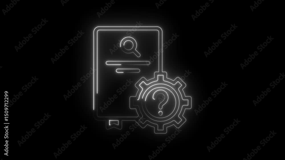 Poster neon process documentation with question mark gear glowing on black background