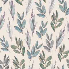 Watercolor bay leaf and green branch seamless pattern. Perfect for fabric, wrapping paper, craft projects, packaging, and botanical design. Natural and elegant on beige background