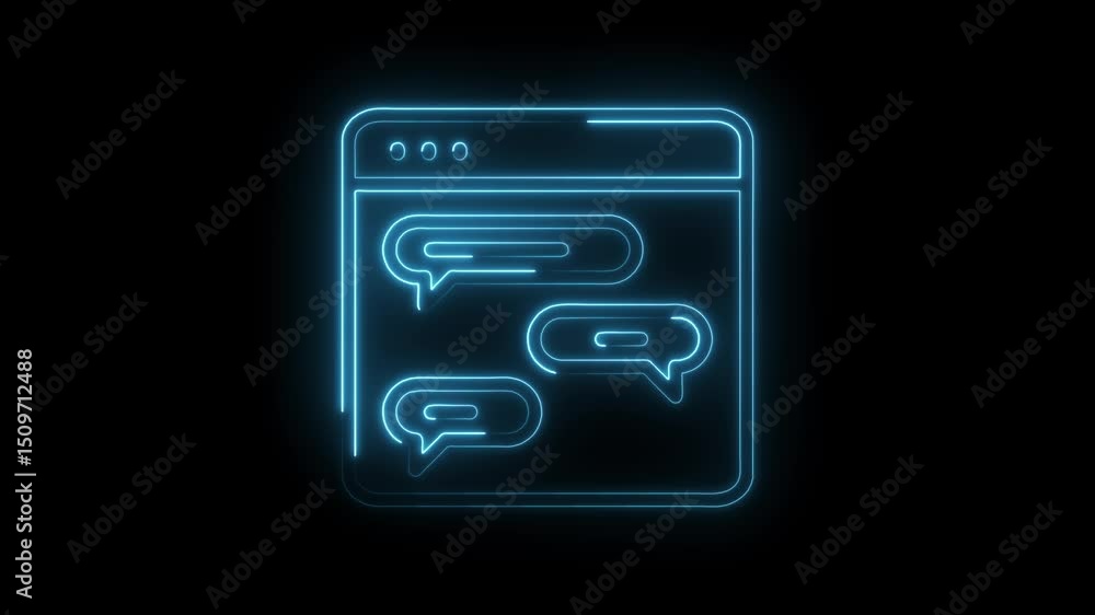 Poster neon chat box animation glowing ui element on black background for social media concept