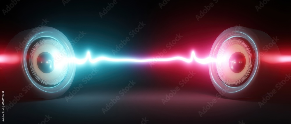 Poster two speakers facing each other emit sound waves, visualized as a glowing waveform connecting them in