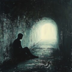Obraz premium oil painting of a solitary silhouette sitting slouched in a dark tunnel