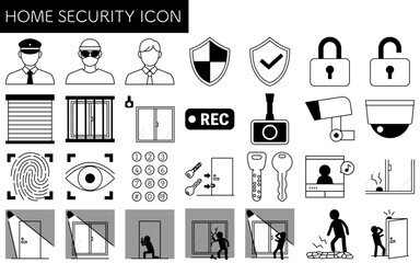 Prevention of crime and Home Security, black and White Icons