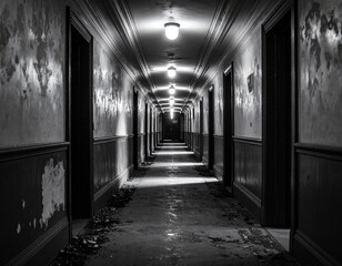Cinematic black and white Long corridor in a decaying hotel