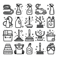 vector clip art set of cleaning elements, simple line style icons