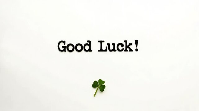 Vintage typewriter text reading Good Luck, retro black ink typography on white paper, minimalist greeting card with green clover leaf