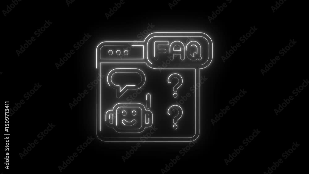 Poster animated faq section with chatbot icon glowing neon line on black background