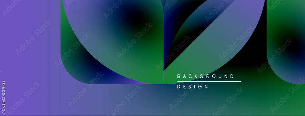 Poster Abstract gradients blend purple, green hues. Modern design features overlapping shapes, text reads background design. Minimalist aesthetic.