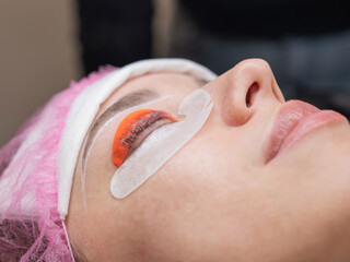 The process of professional lamination and tinting of eyelashes in the salon.