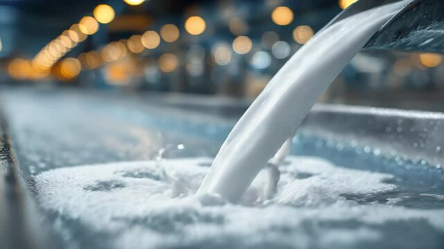 Close-Up of Milk Flowing from Pipeline into Stainless Steel Container in Hygienic Modern Factory