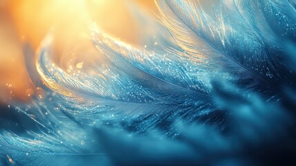 Whispers of serenity with iridescent blue feathers catching golden light bathed in tranquility and ethereal glow with