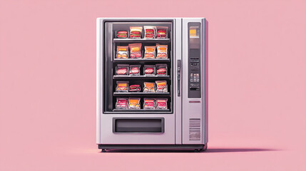 A vending machine filled with packaged food items against a pink colored background studio shot art