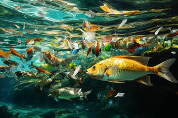 Naklejka premium A school of fish feeding on microplastics in the water