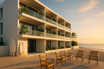architectural shot of modern beach hotel, clean lines, balconies with tropical plants, golden hour lighting